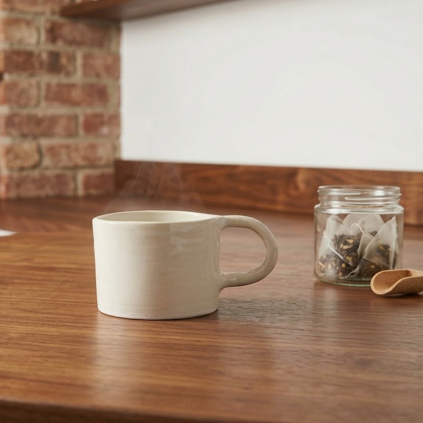 Tazza artigianale Kalakera in ceramica smaltata bianca con finitura lucida e profilo irregolare. Una mug di design materico dal gusto minimale, fotografata in un contesto accogliente su un piano in legno